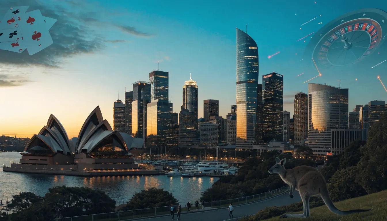 Sydney skyline with casino symbols at dusk
